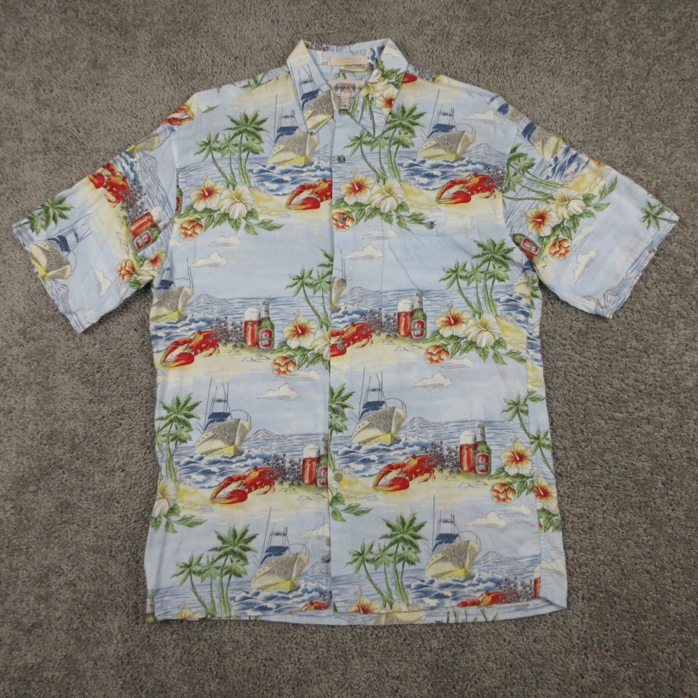 Vintage Hawaiian Shirt Mens Medium Blue Rayon Lobster Vacation Campia Moda Aloha